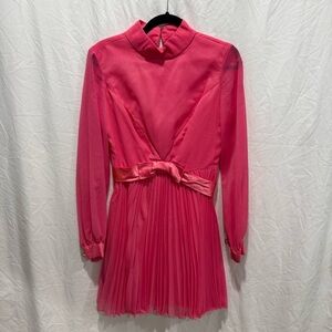 Vintage Hot Pink Pleated Dress High Neck Long Sleeve Bow Retro Party Cocktail